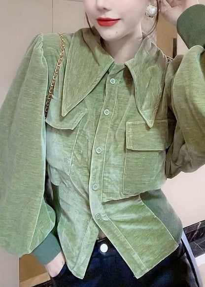 Green Peter Pan Collar Patchwork Velour Shirt Tops Long Sleeve