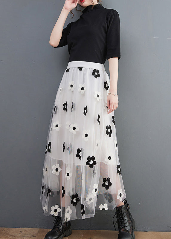 White Embroideried Tulle Skirts High Waist Spring
