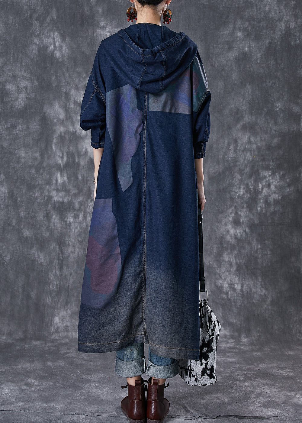 Navy Hooded Asymmetrical Big Pockets Denim Trench Fall