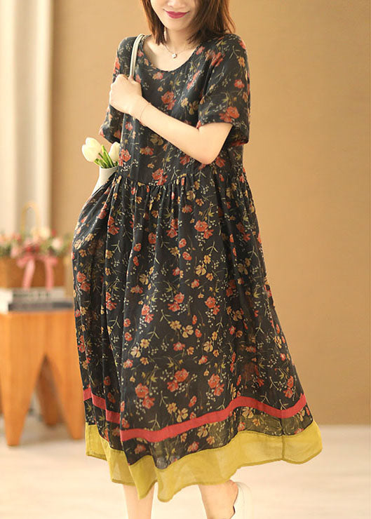 Boutique Black O-neck Print Wrinkled Patchwork Linen Vacation Long Dress Short Sleeve