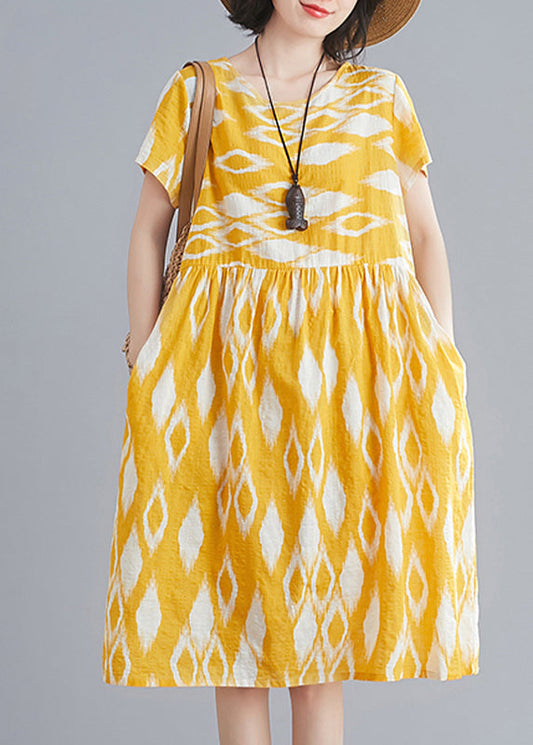 Yellow O-neck Wrinkled Print Cotton Beach Dresses Short Sleeve