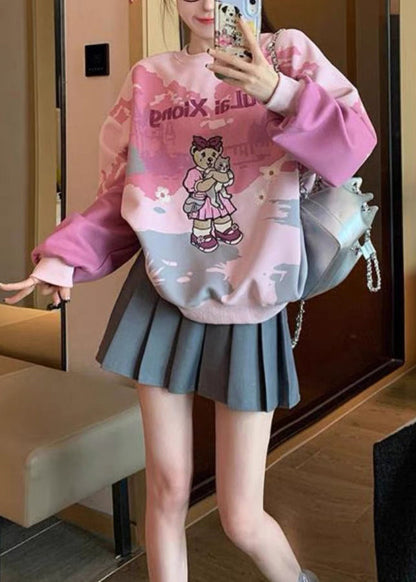 Pink O Neck Embroidered Tie Dye Cotton Pullover Spring