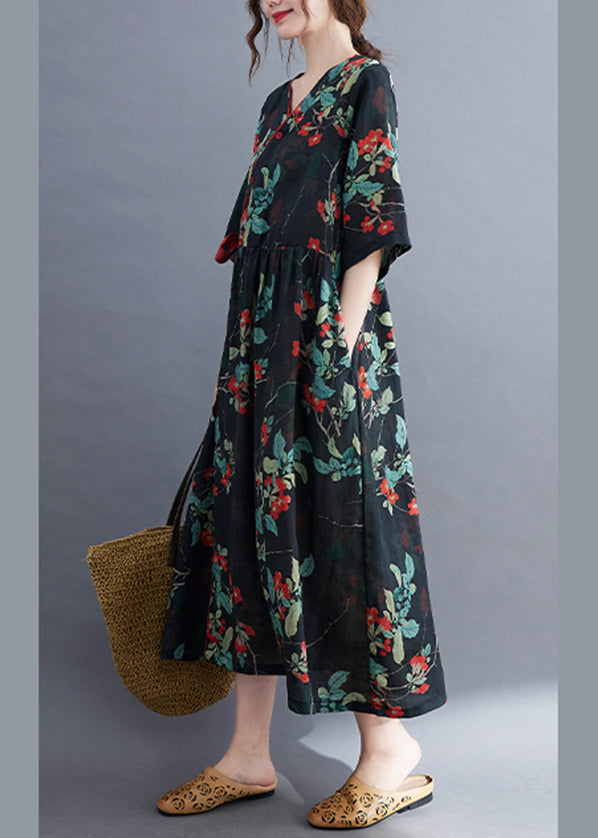 Navy Patchwork Linen Holiday Dresses Tie Waist Short Sleeve