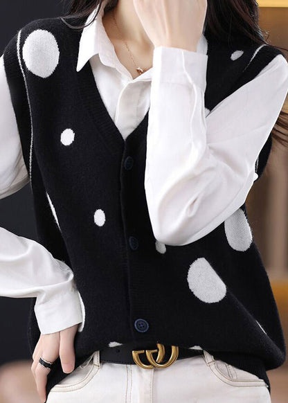 Camel V Neck Dot Patchwork Woolen Vest Tops Sleeveless