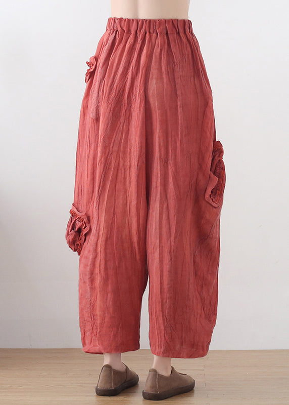 Red Elastic Waist Pockets Linen Harem Pants Summer