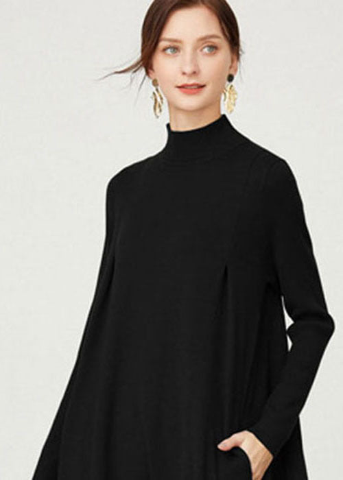 Loose Black Turtle Neck Color Exra Large Hem Knitwear Dress Long Sleeve