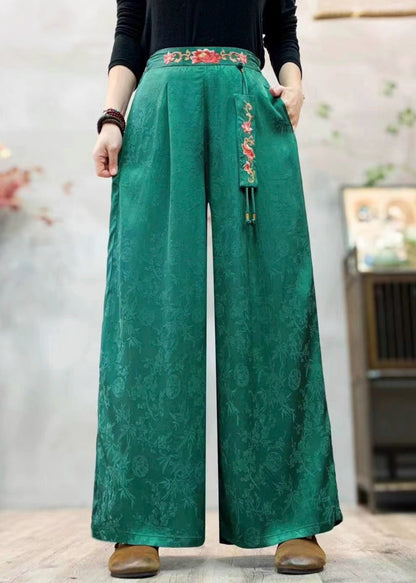 Tea Green Embroidered Jacquard Silk Pants Spring