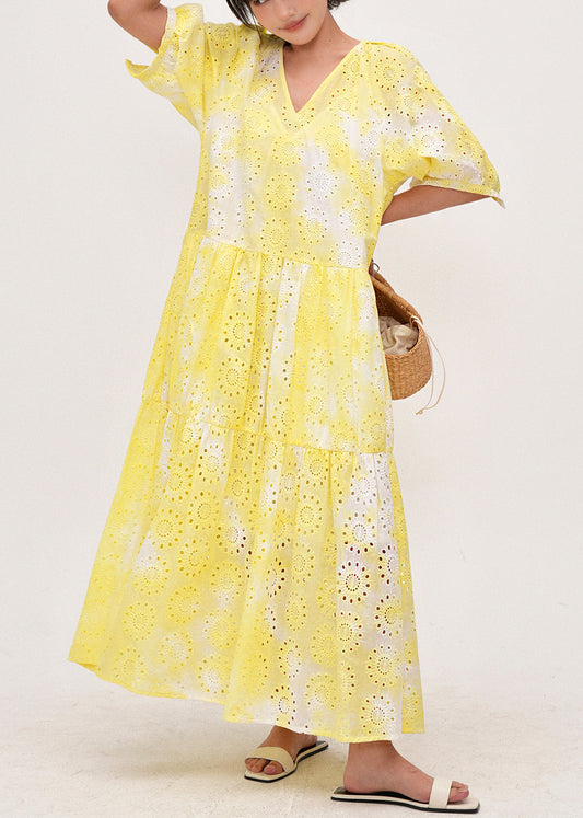 Yellow Tie Dye Hollow Out Cotton Holiday Dress Summer