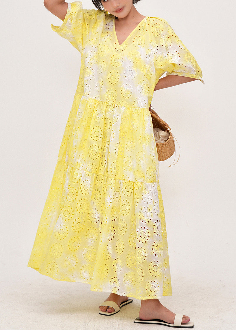 Yellow Tie Dye Hollow Out Cotton Holiday Dress Summer