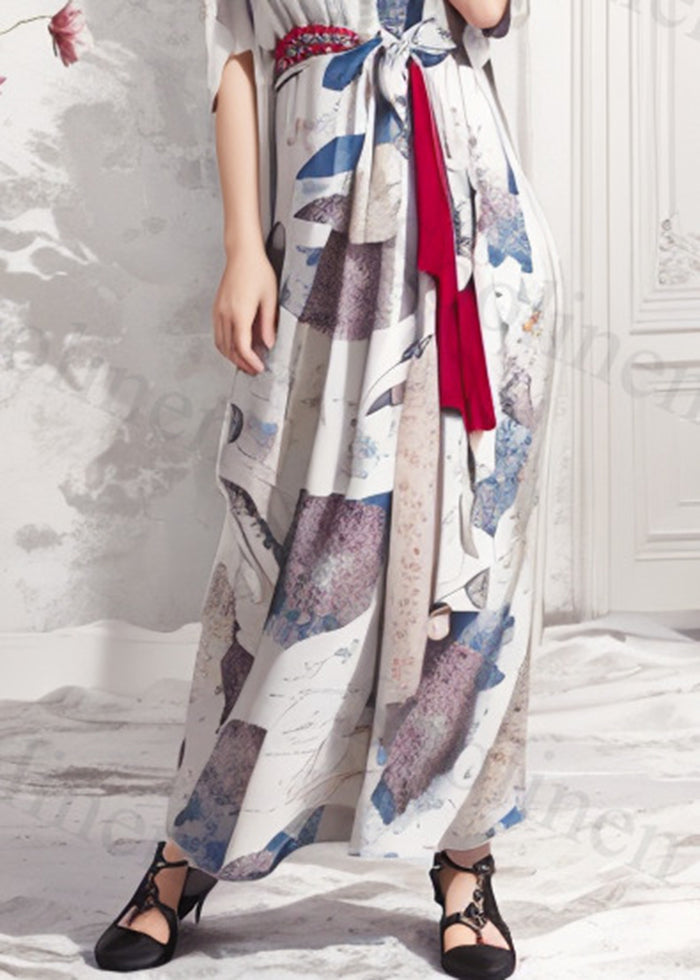 Silm Fit White Cinched Print Silk Dresses Summer