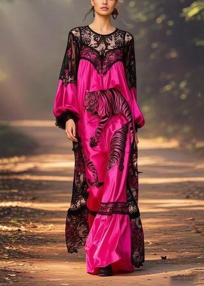 Pitaya Print Patchwork Lace Long Dresses Spring
