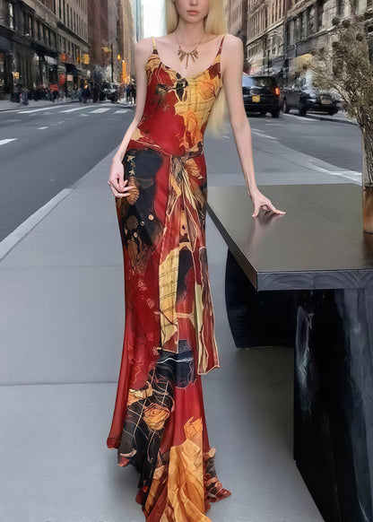 Red Painting Tie Waist Tulle Spaghetti Strap Dress Summer