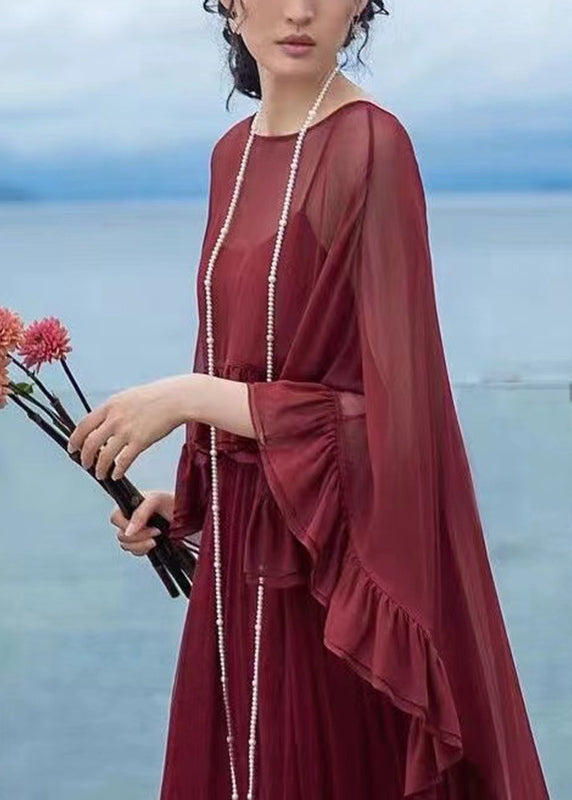 Loose Mulberry O-neck Ruffled Patchwork Chiffon Cape Long Sleeve