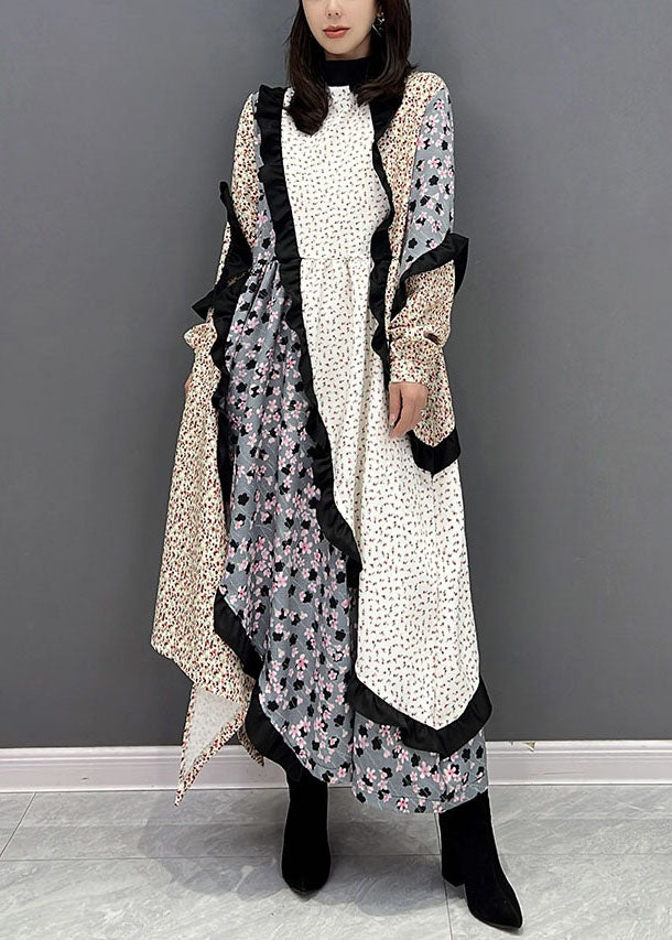 Colorblock Stand Collar Asymmetrical Patchwork Ruffles Long Dress Fall