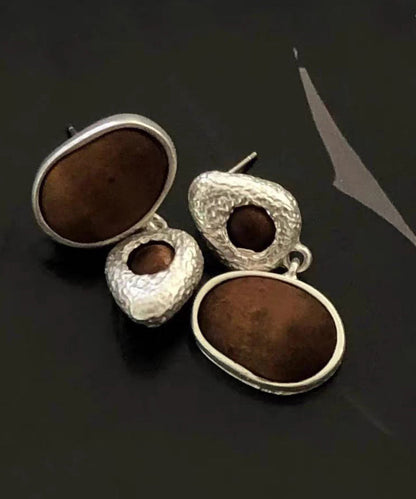 Handmade Brown Sanding Sandalwood Asymmetrical Drop Earrings