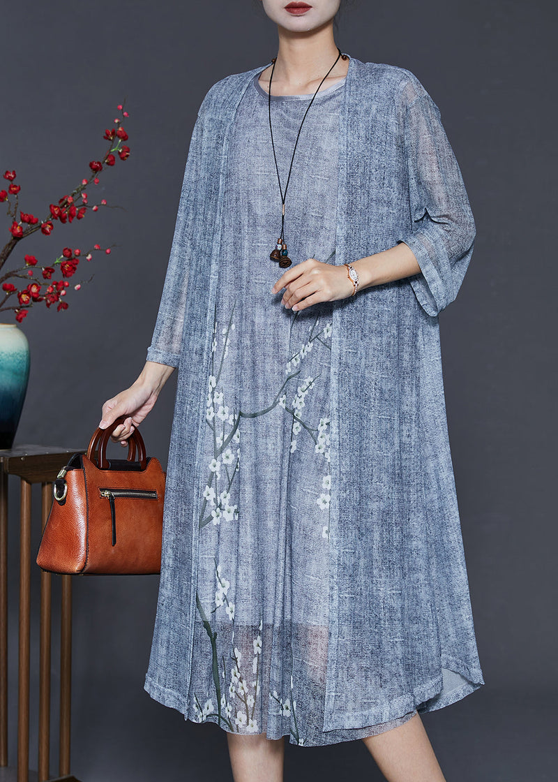 Grey Oversized Print Chiffon Two Pieces Set Summer