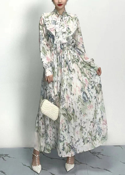 Classy Grey Bow Print Wrinkled Cotton Long Dresses Long Sleeve
