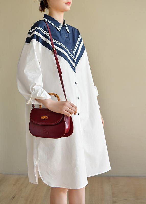 White Patchwork Peter Pan Collar Cotton Long Sleeve Spring Dresses