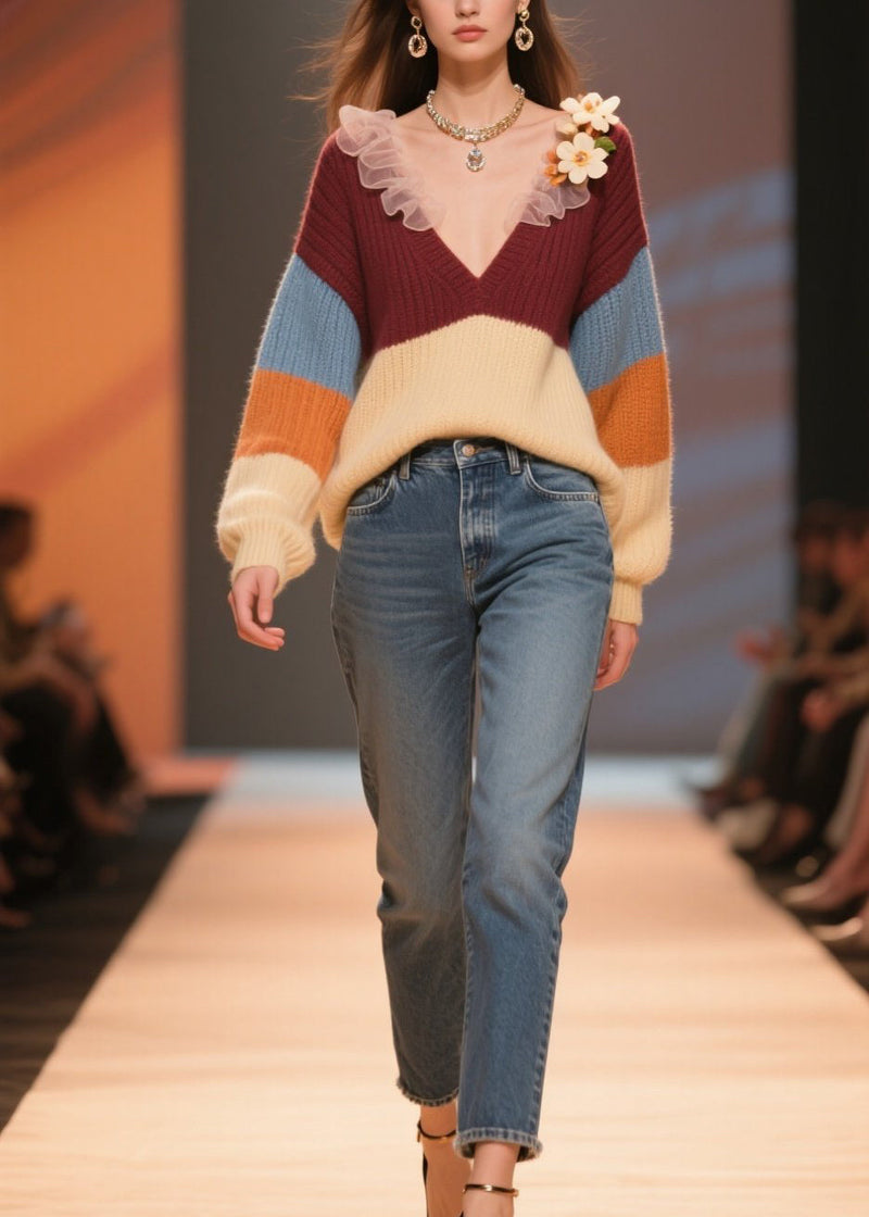 Colorblock V Neck Knit Short Sweater Winter
