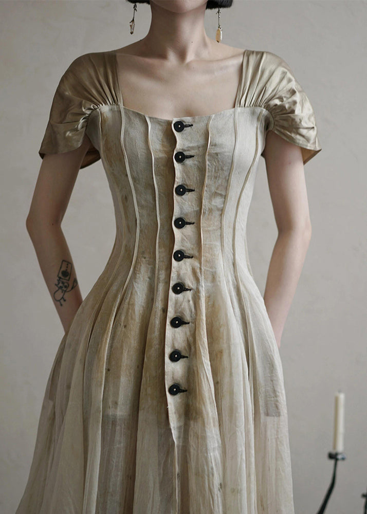 Square Collar Button Long Dress Summer
