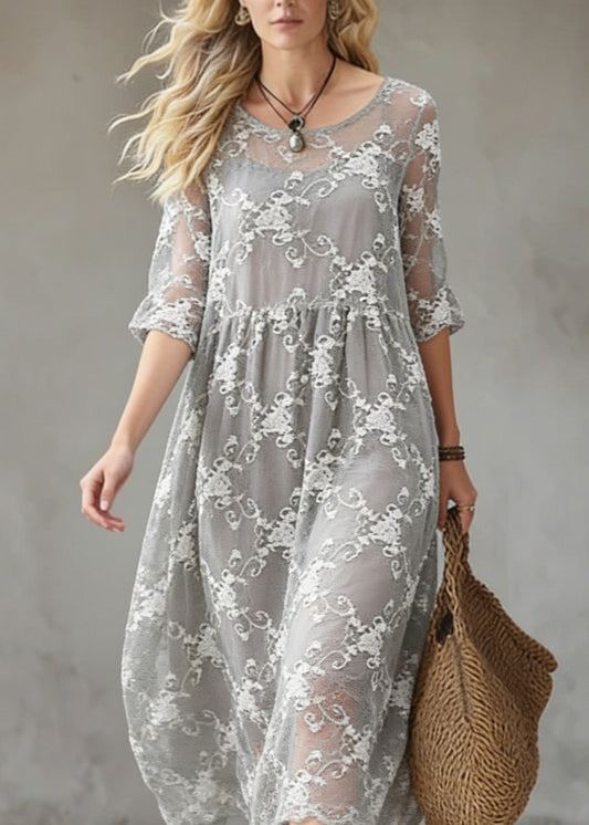 Grey O-neck Embroidered Silk Cotton Dress Summer