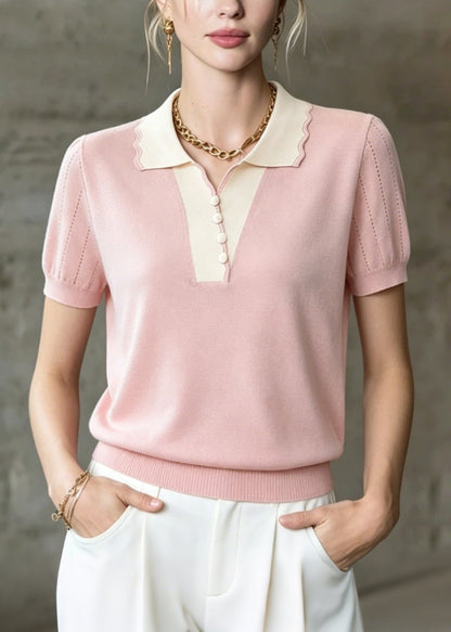 Pink Peter Pan Collar Patchwork Ice Silk Knit Tops Summer