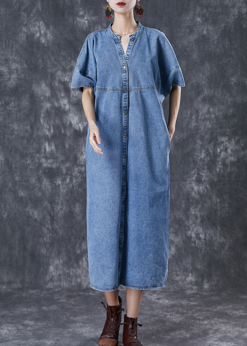 Denim Blue Oversized Patchwork Cotton Long Dress Fall