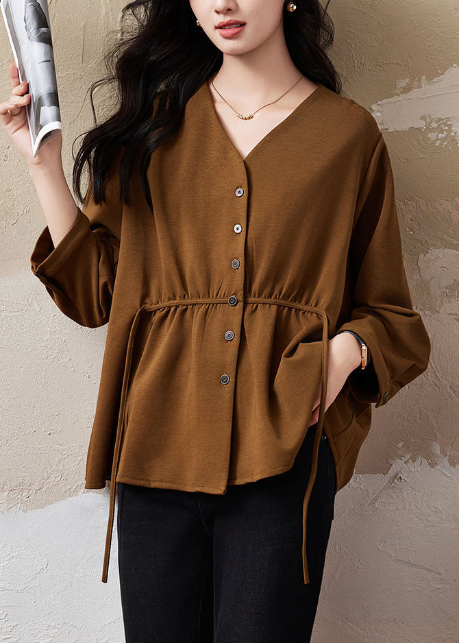 Coffee V Neck Button Lace Up Cotton Shirt Top Fall
