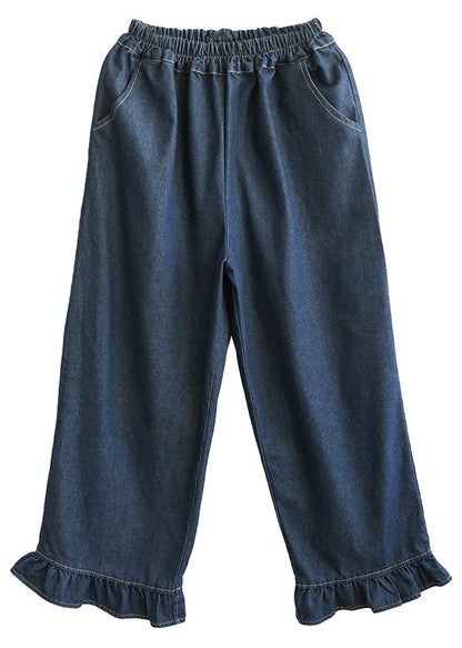 Blue Ruffled Patchwork Pockets Straight Jeans Spring