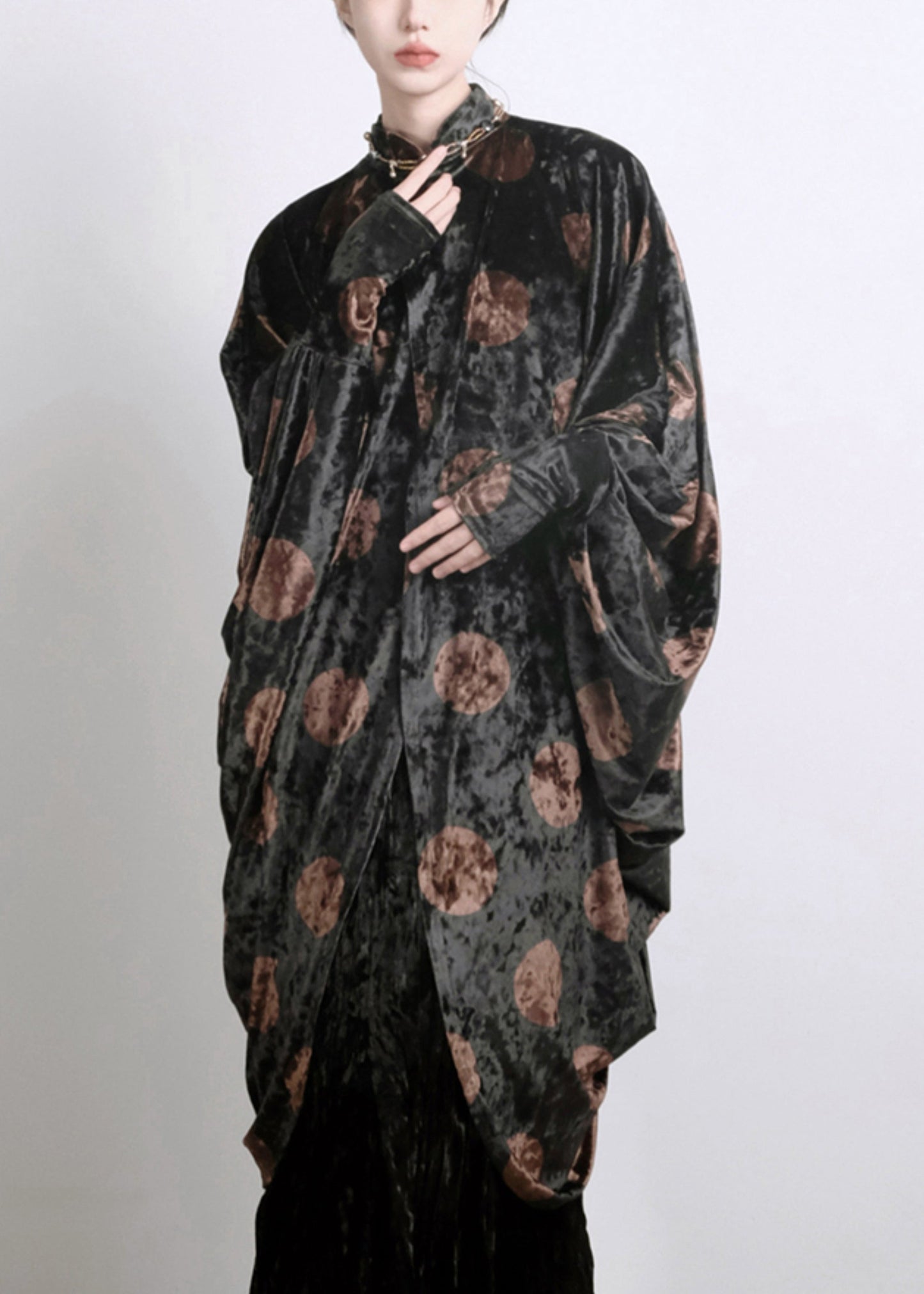 Black Asymmetrical Print Silk Velour Shirts Batwing Sleeve