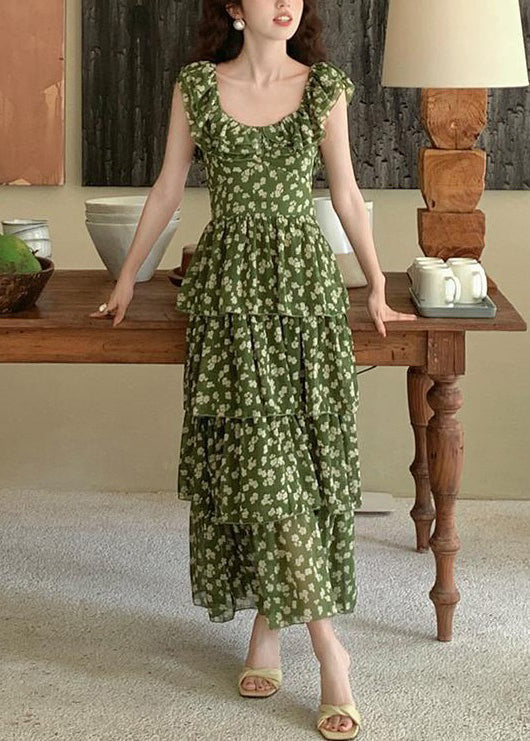 Pink Ruffled Print Chiffon Long Dress Summer
