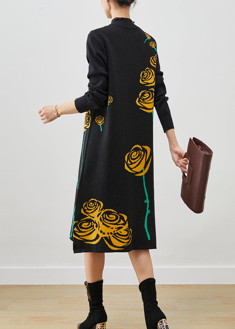 Black Stand Collar Jacquard Knit Long Dress Spring