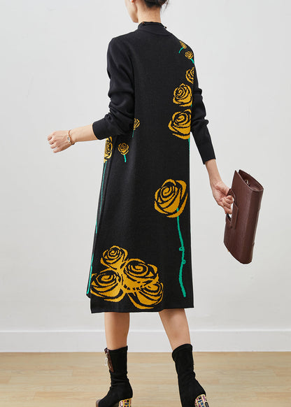 Black Stand Collar Jacquard Knit Long Dress Spring