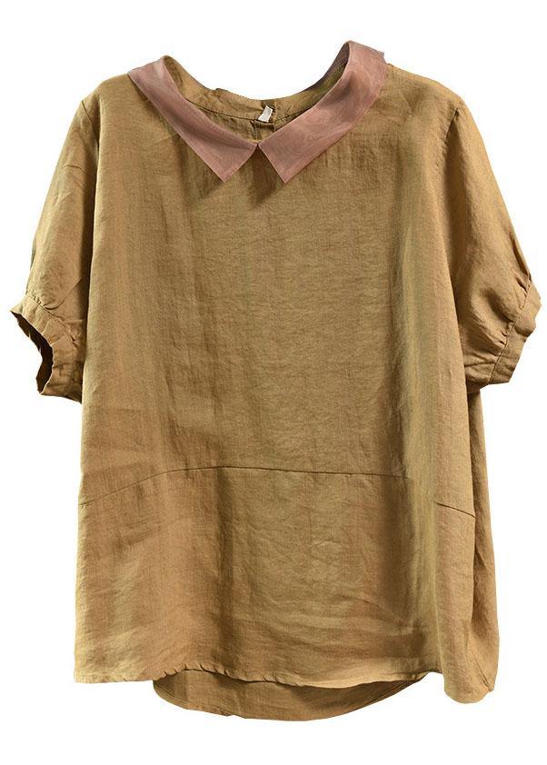 Green Patchwork Turn-down Collar Summer Short Sleeve Top