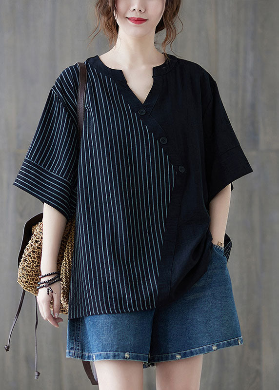Black V Neck Striped Cotton Blouse Tops Half Sleeve