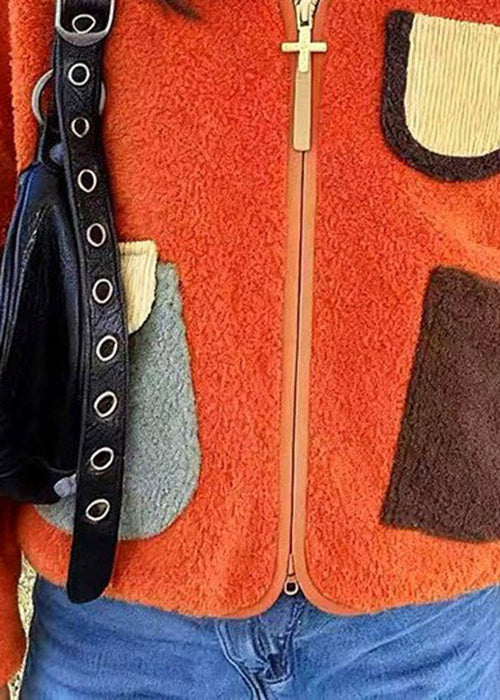 Orange Zip Up Pockets Faux Fur Jacket Spring