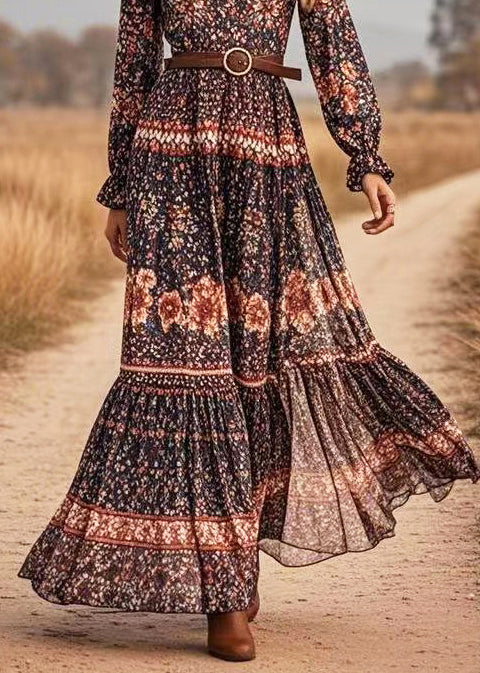 Black V Neck Print Long Dresses Spring