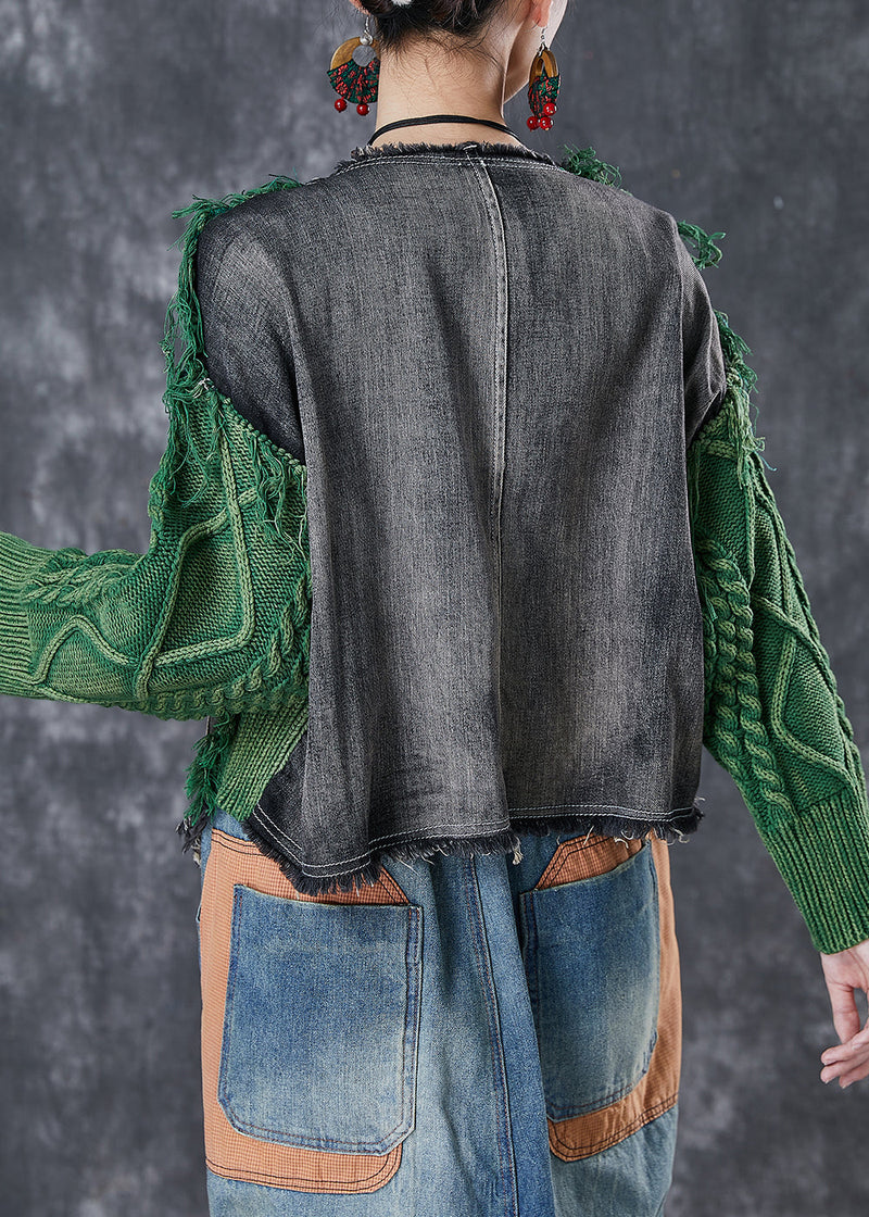 Green Patchwork Denim Knit Sweater Tops Oversized Pockets Winter