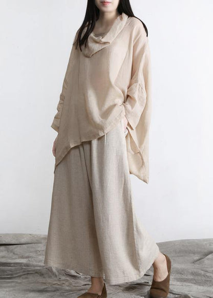 Nude Turtle Neck Batwing Sleeve Two Piece Set Clothing Summer Linen
