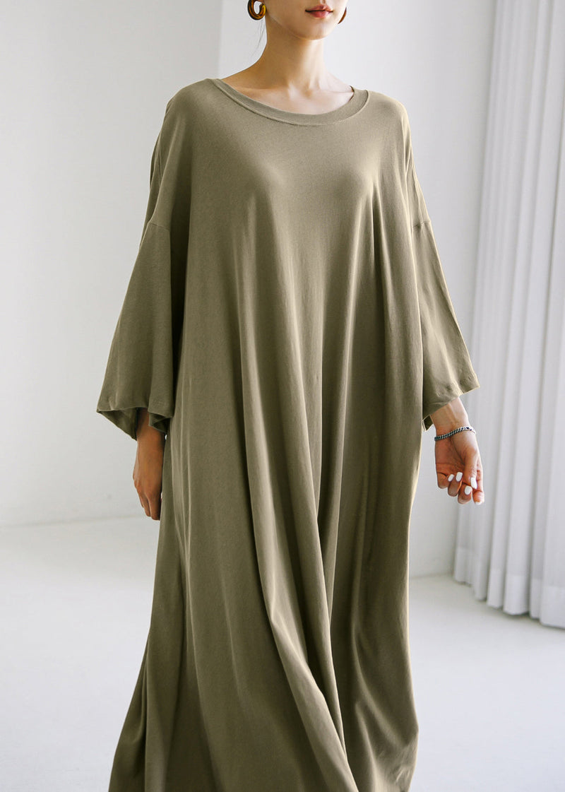Army Green O-neck Cotton Maxi Dress Long Sleeve