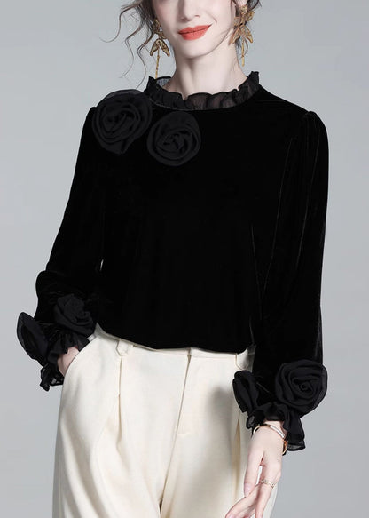 Black Ruffled Silk Velour T Shirt Winter