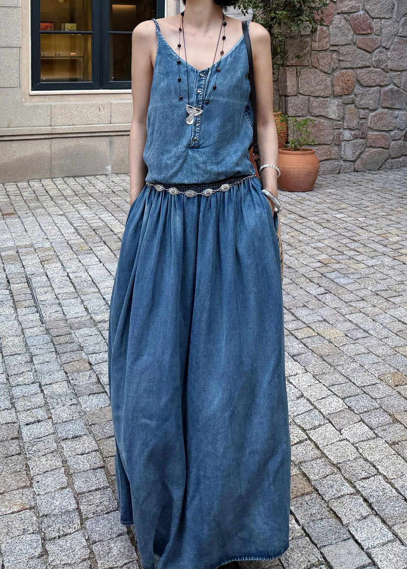 Organic Denim Blue V Neck Pockets Patchwork Long Spaghetti Strap Dress Sleeveless