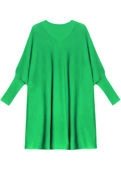 French Green V Neck Patchwork Fall Knitwear Dress