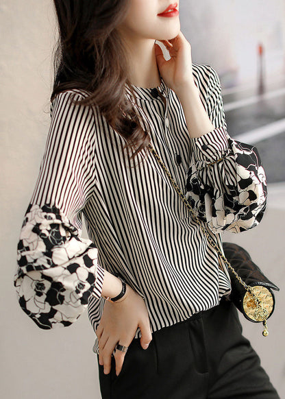 Handmade Black Striped Stand Collar Patchwork Print Chiffon Shirt Long Sleeve Fall