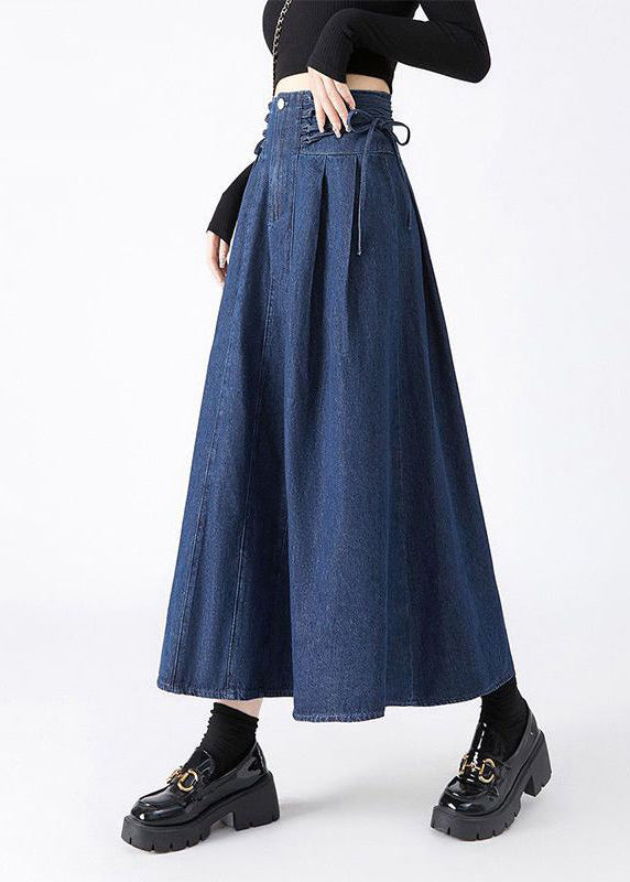 Navy Patchwork Tie Waist Denim Maxi Skirts Spring