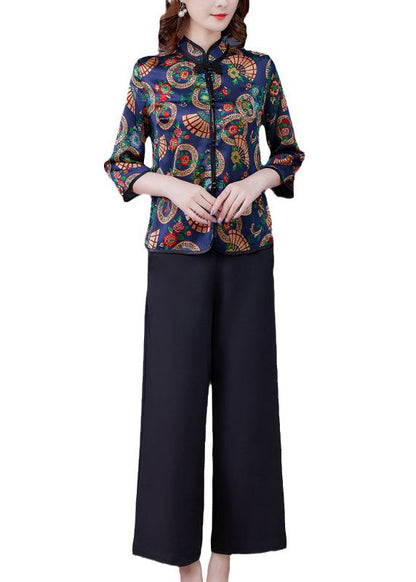 Blue Print Oriental Silk Shirt and Crop Pants Two Pieces Set Mandarin Collar Long Sleeve
