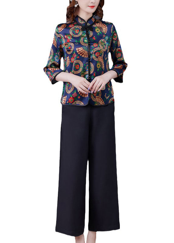 Blue Print Oriental Silk Shirt and Crop Pants Two Pieces Set Mandarin Collar Long Sleeve