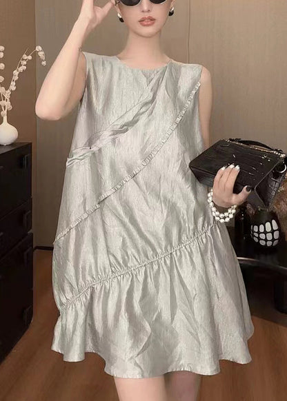 New Grey O Neck Cotton Mid Dress Sleeveless