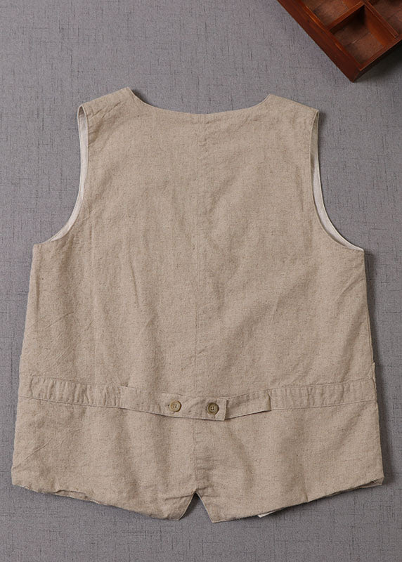 Beige V Neck Button Patchwork Sleeveless Tank Tops