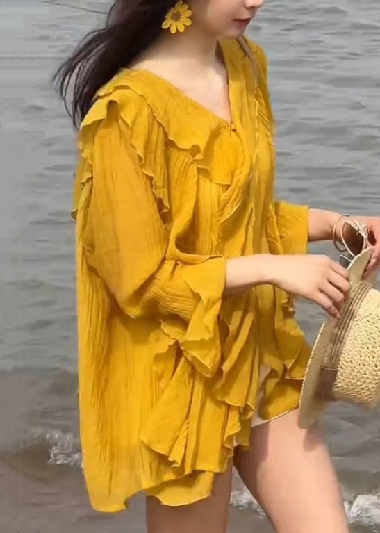 Stylish Yellow V Neck Ruffled Chiffon Shirts Flare Sleeve